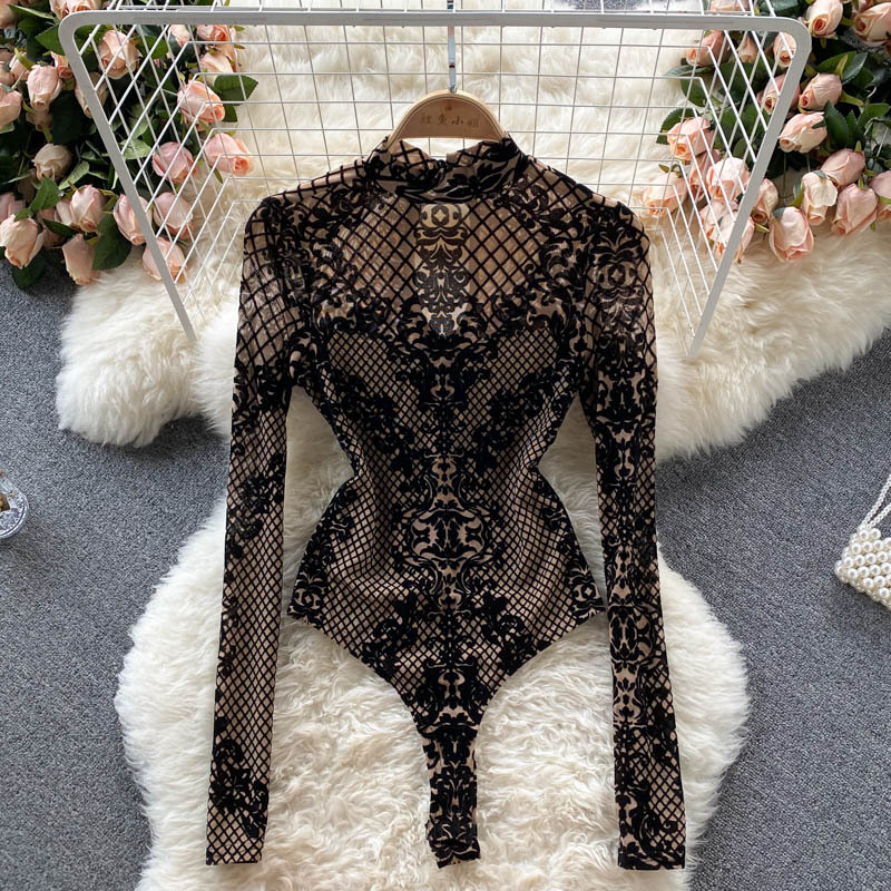 Autumn European and American Instagram Underlay jumpsuit Women's Long sleeved Mesh T-shirt Slim Fit Versatile Embroidered Design Sensual Sexy Top