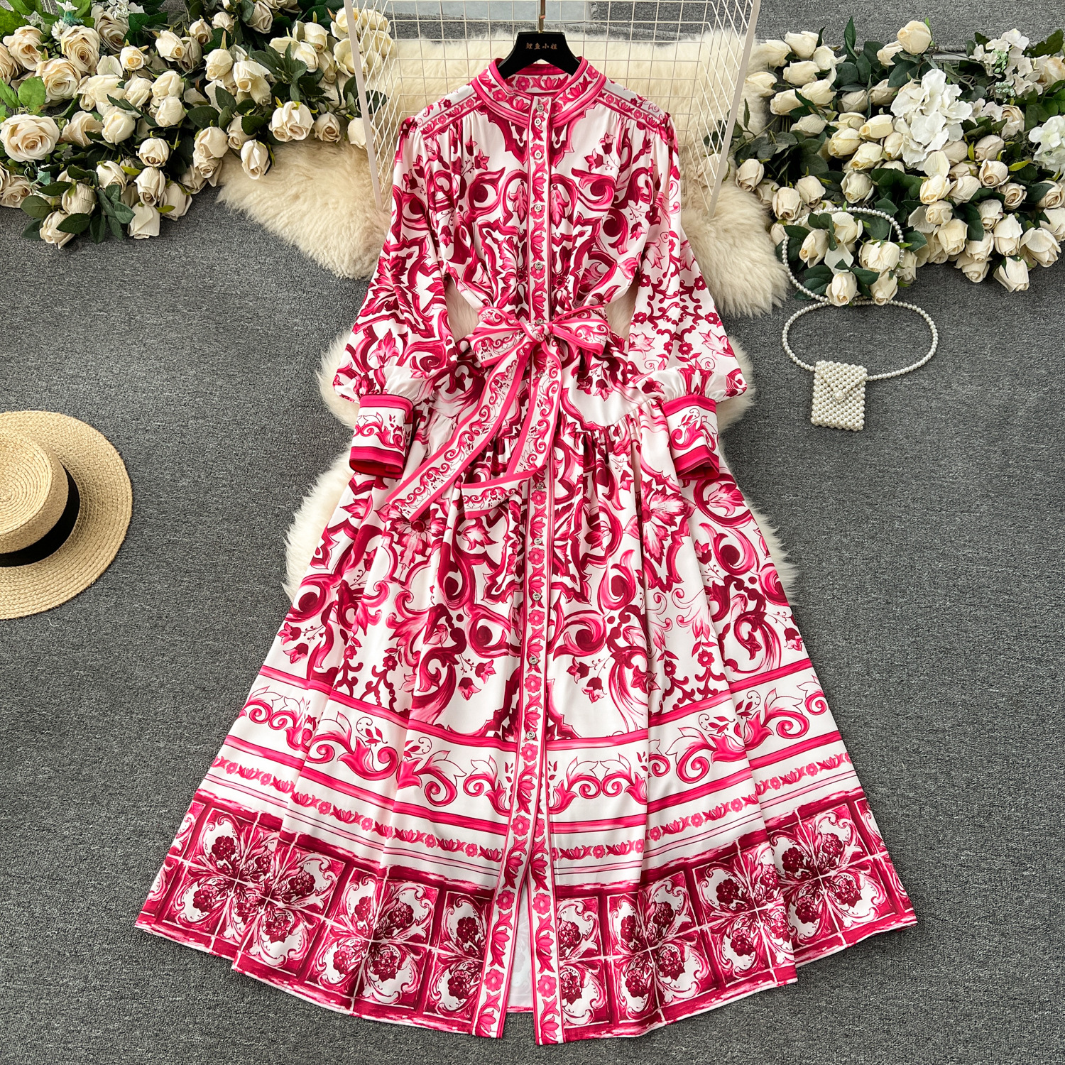 Palace style dress for women in 2024, new spring attire, elegant stand up collar, button up, slim fit, long and niche printed dress dress