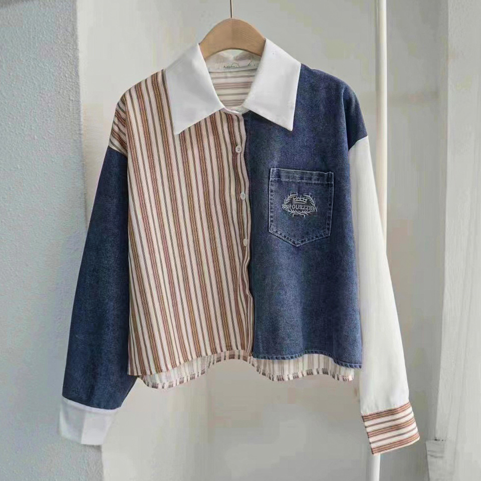 Color blocking denim fake two-piece shirt for women in early spring 2024, new Korean version with chic design and striped top for trendy women