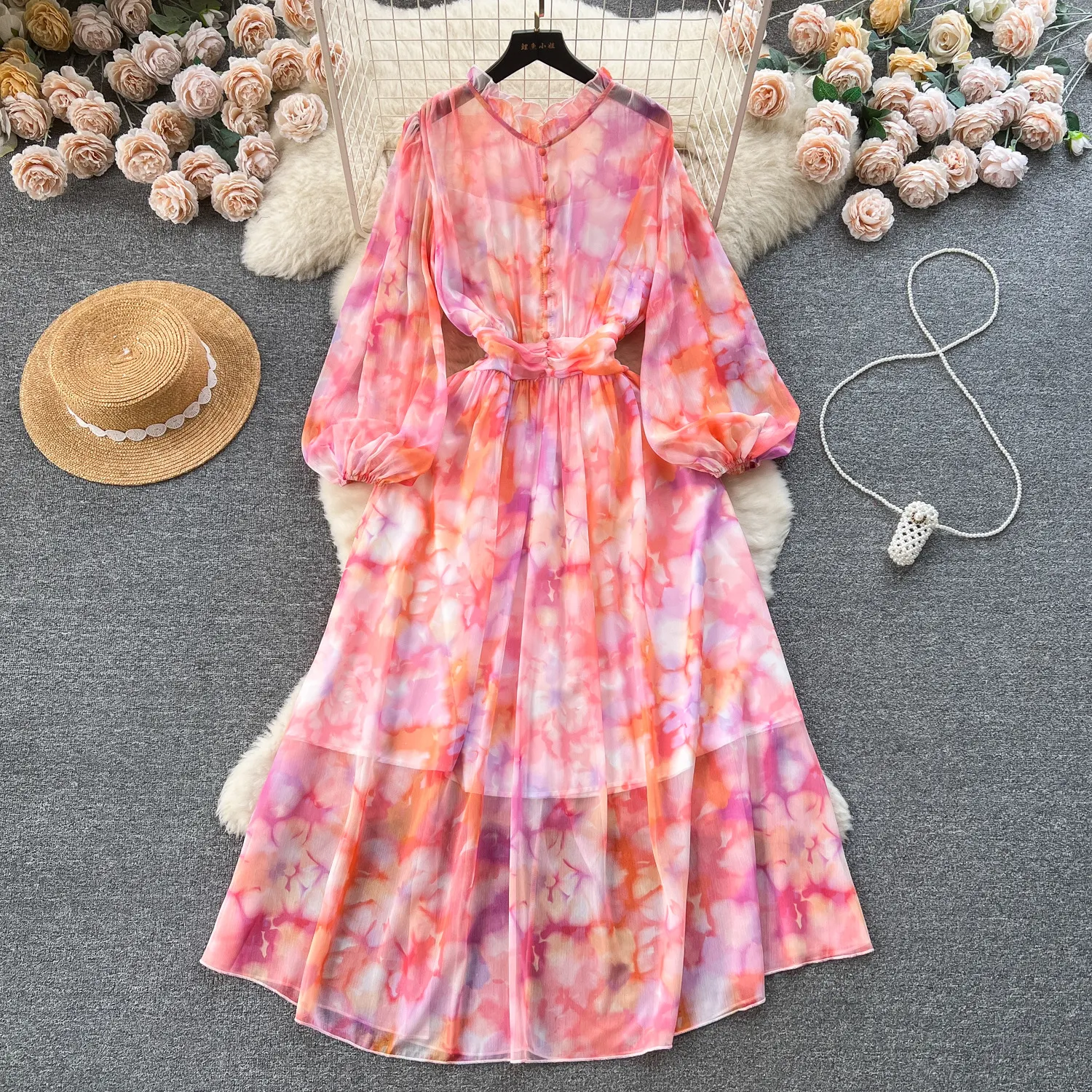 French Sweet Auricularia Collar Buckle Waist Slim and Long Bubble Sleeve Dress Spring Dress Women's Halo Dye Holiday Dress