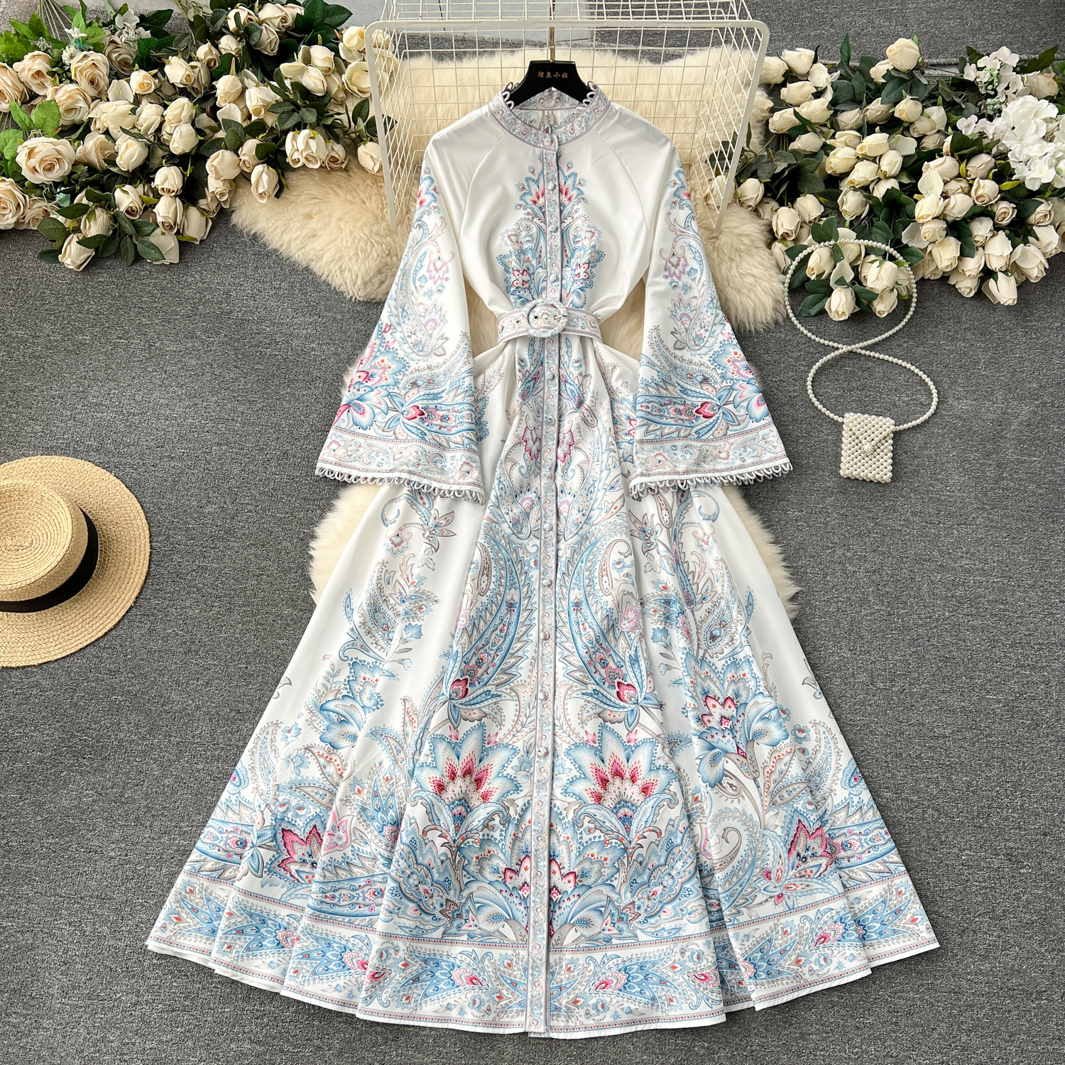 European and American court style dress, high-end niche stand up collar, button up, slim fit long version design, printed skirt, temperament dress