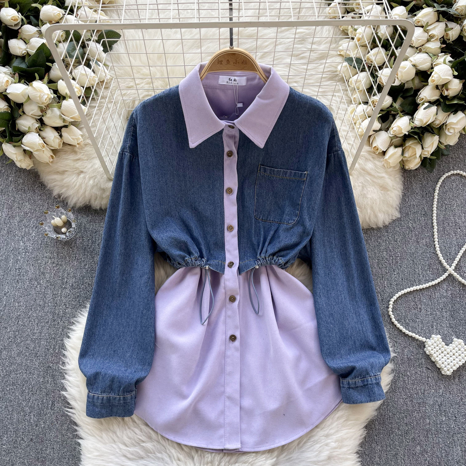 Chic Hong Kong style retro denim shirt for women with a fake design. Two contrasting color patchwork drawstring waist closure versatile top for women