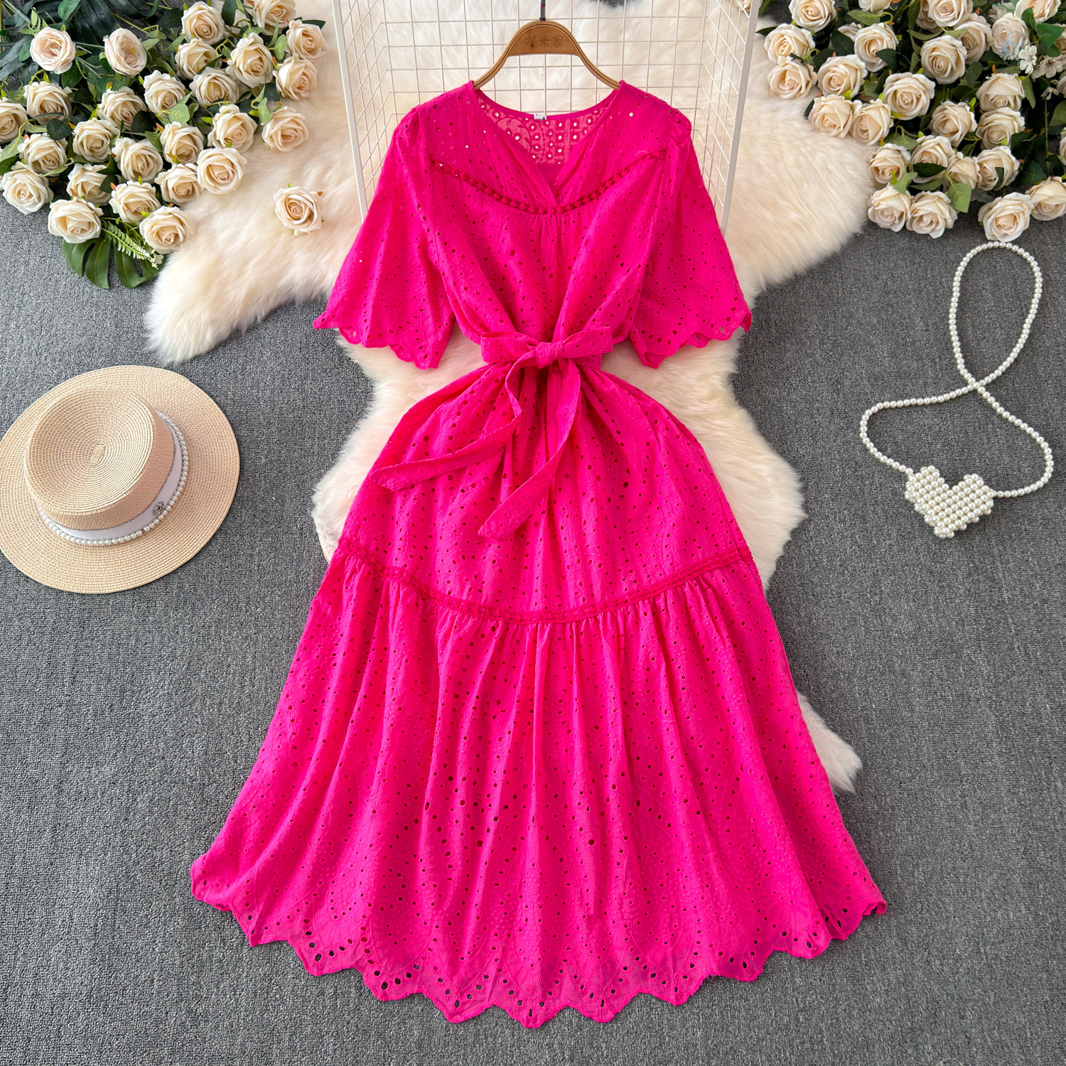 Bohemian dress, women's summer attire, elegant V-neck, slim fit, medium length, embroidered ruffled hem, holiday dress