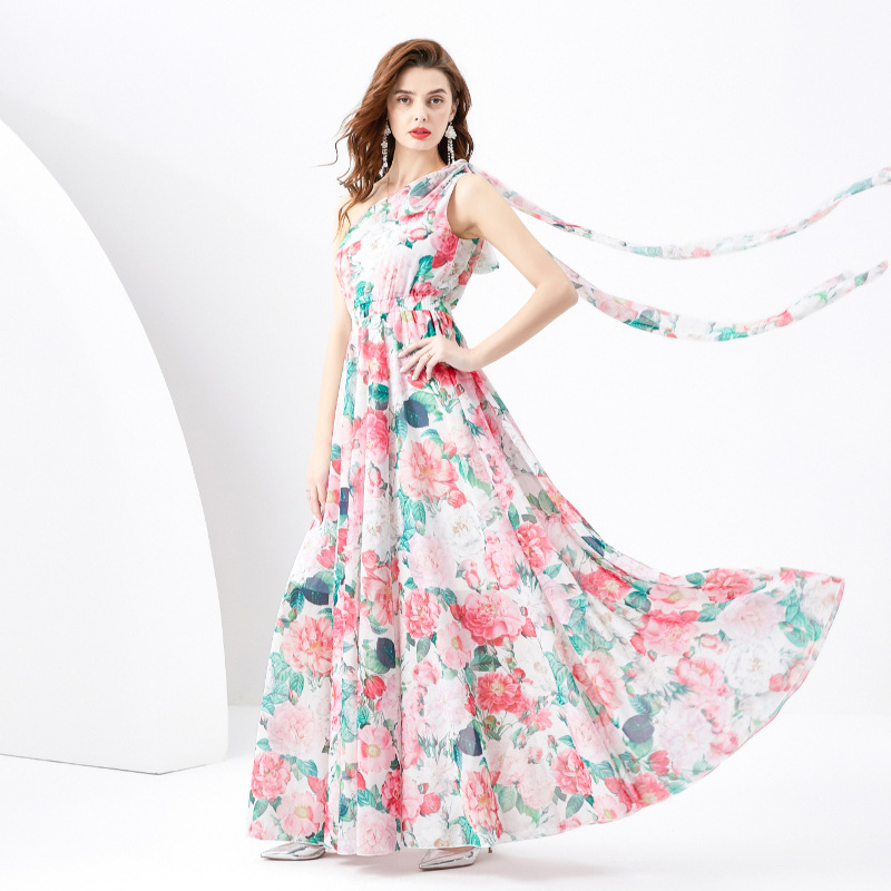 Elegant and Floral Vacation Style One Shoulder Sleeveless Fashion Ribbon Long Wide Swing Printed Flowering Slimming Dress