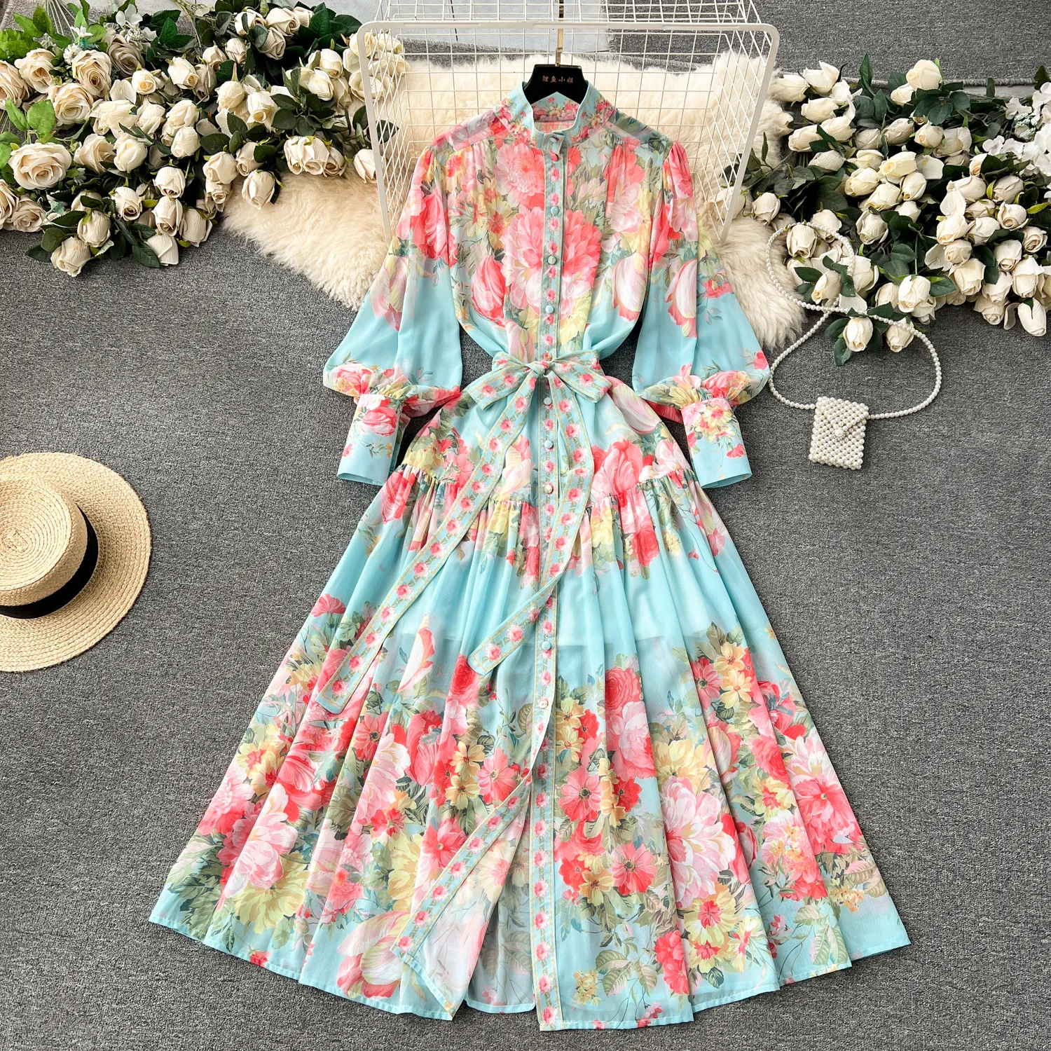 French court style dress, spring dress, women's design, print, button up, slim fit, long, high-end dress, holiday dress