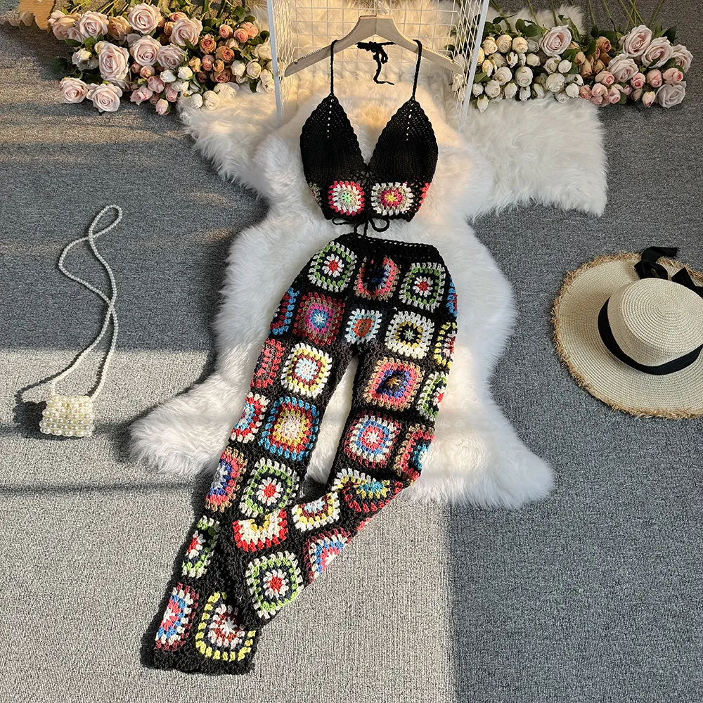 Knitted suit for women's summer wear in 2023, new heavy industry crochet suspender top versatile wide leg pants retro two-piece set