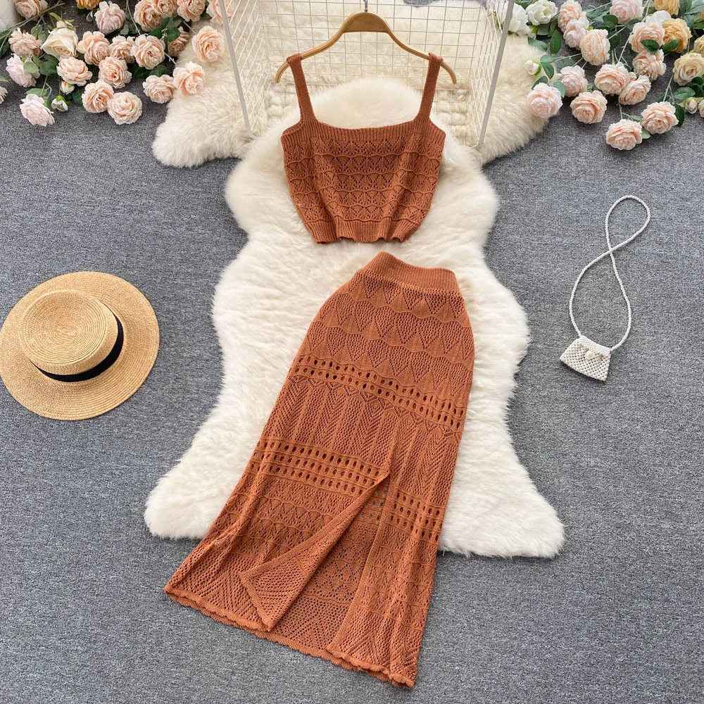 Sweet and spicy fashion hollowed out camisole vest for women's short outerwear knitted two-piece set, high waisted split half skirt for summer