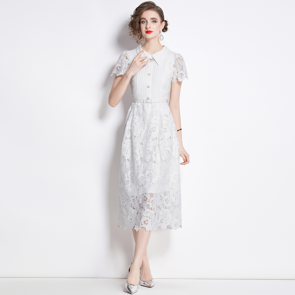 2024 Summer New Style French Lace Retro Bubble Sleeves Wrapped Waist White Dress Dress