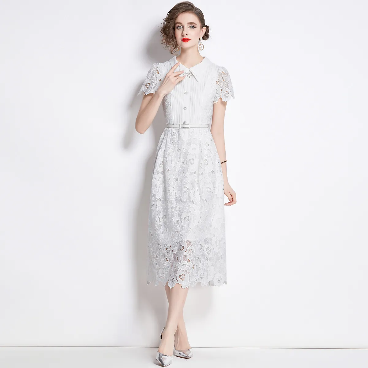 2024 Summer New Style French Lace Retro Bubble Sleeves Wrapped Waist White Dress Dress