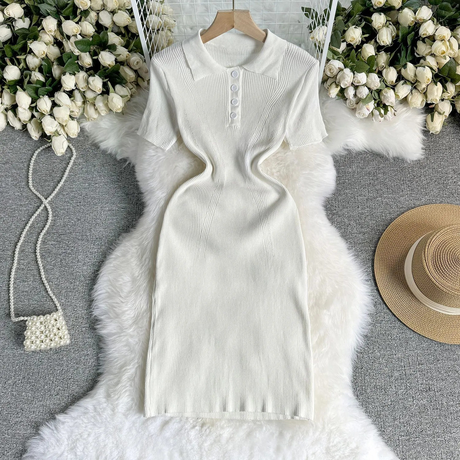 Versatile polo neck knitted dress for women in summer, simple and slim fitting, fashionable solid color knitted buttocks wrapped dress, short skirt