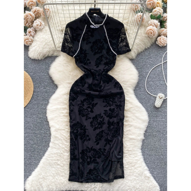 Chinese style qipao new 2024 new Chinese style retro jacquard studded stand up collar slim fitting temperament dress spring dress