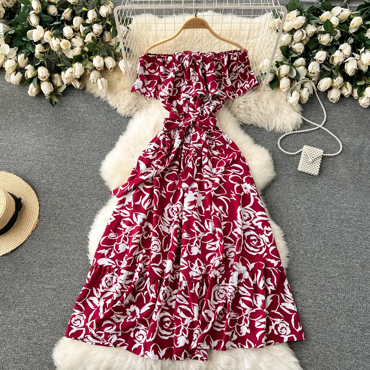 Early Spring New Dress Women's Sweet Lotus Edge One line Neck Off the Shoulder Strap Slim Fit Mid length Printed Holiday Dress