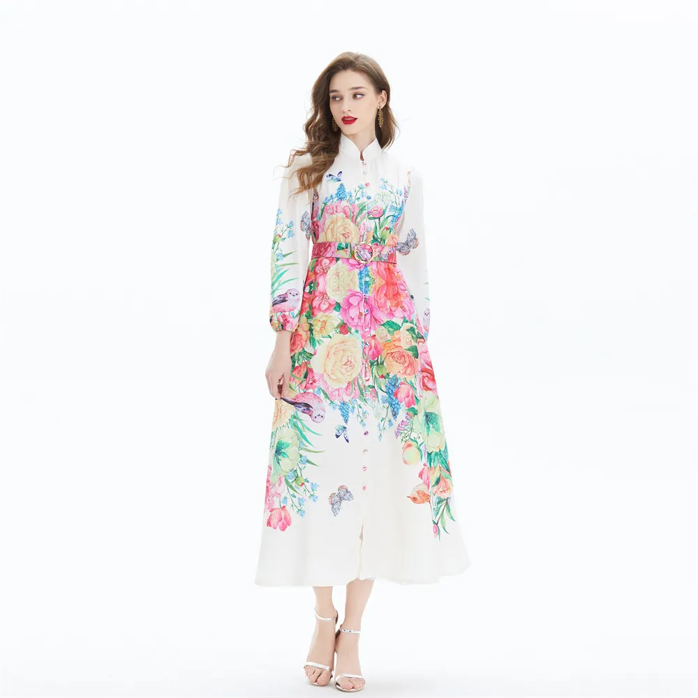 Original Design -2024 Palace Style Lantern Sleeves, Flower Print Large Skirt, Seaside Linen Waist Dress