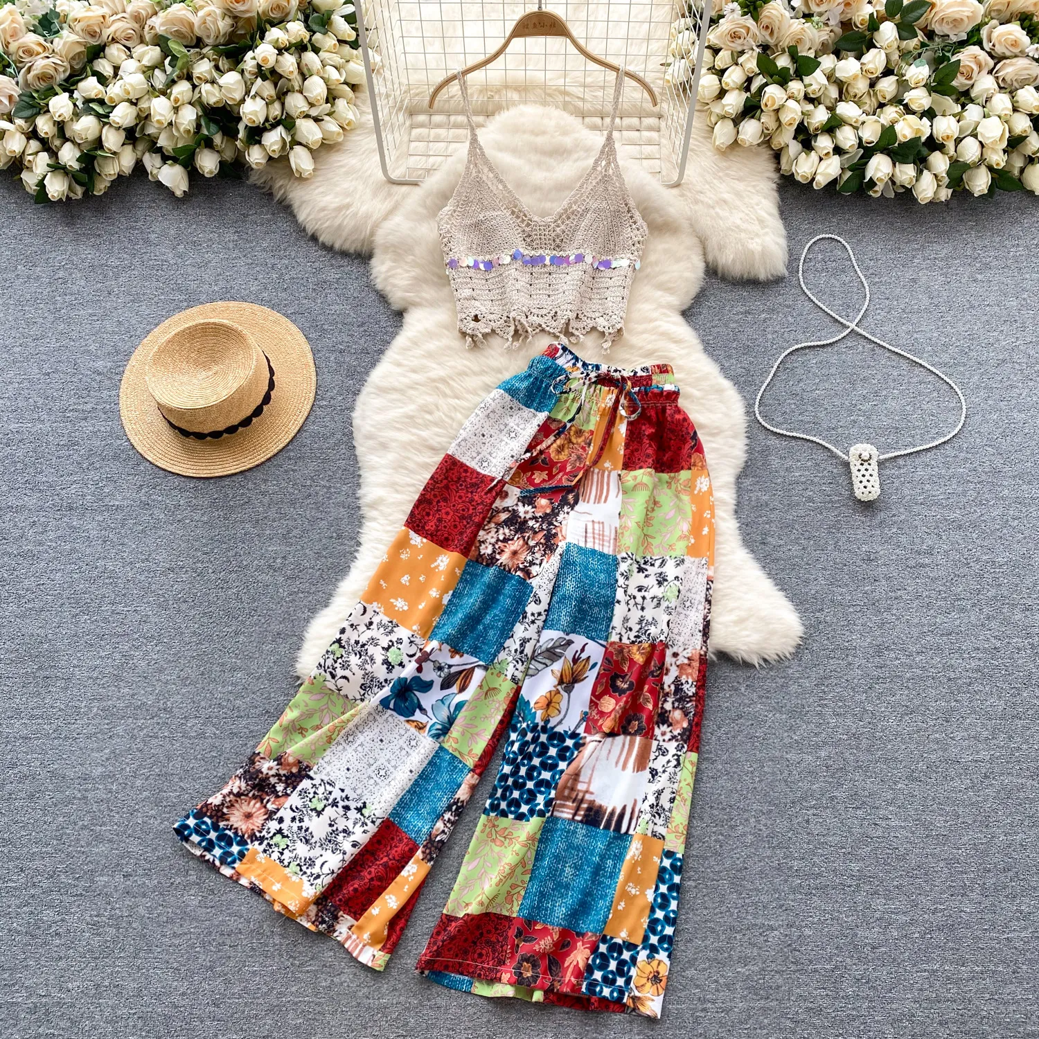 Bohemian vacation style set with vintage camisole vest, versatile design, color blocking printed wide leg pants, two-piece set