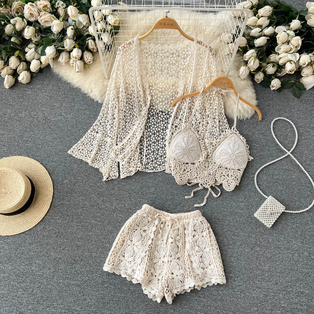 Summer lace neckline strapless top+hollowed out long sleeved sun protection cardigan+high waisted shorts for vacation two-piece set fashion