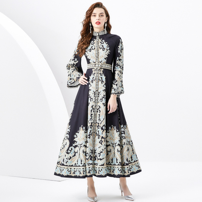 2024 New Design Sense Palace Style Standing Neck, Flare Sleeves, Single Flap Printed Long Lace Dress