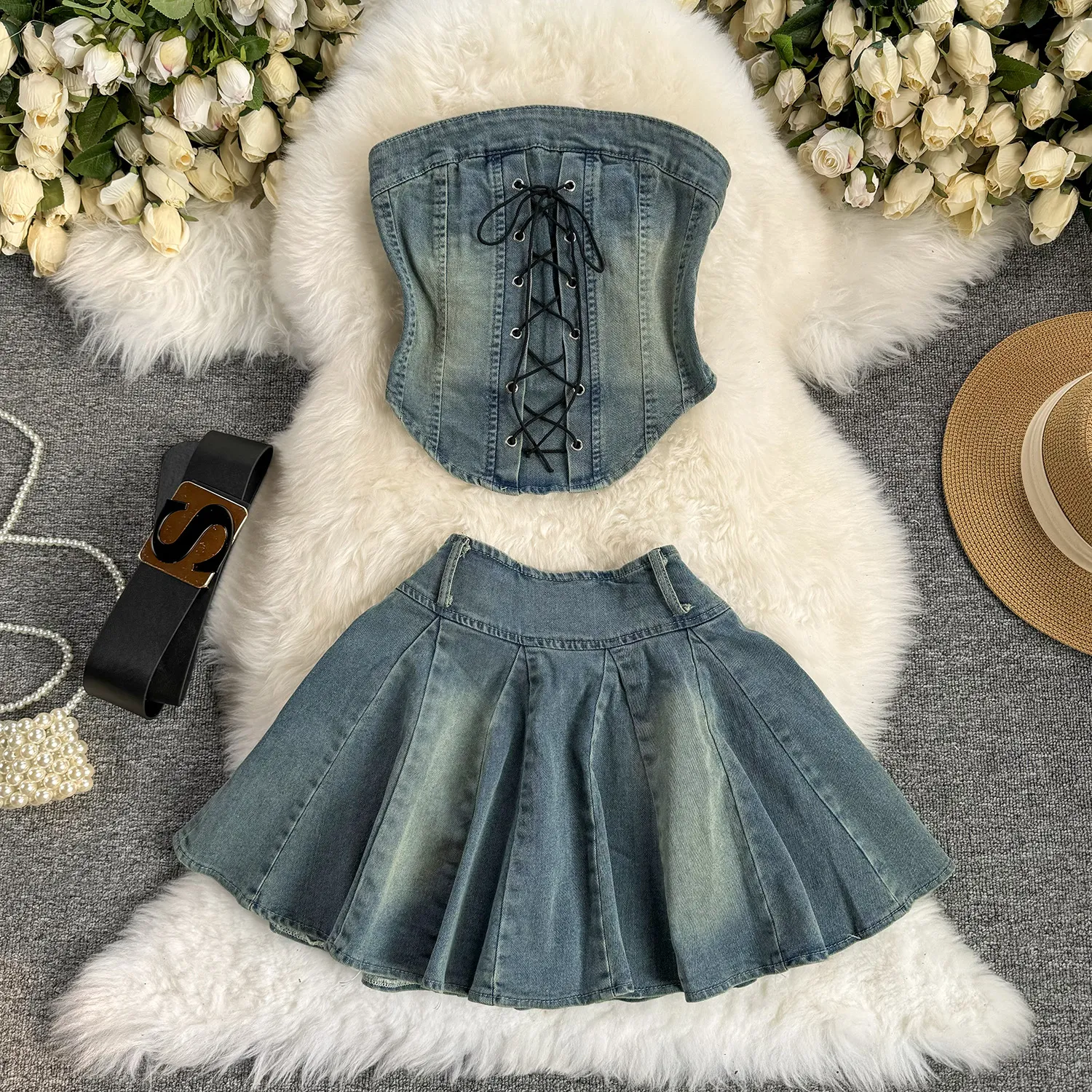 Summer fashion spicy girl style design with cross tie strapless denim top pleated skirt short skirt set for women