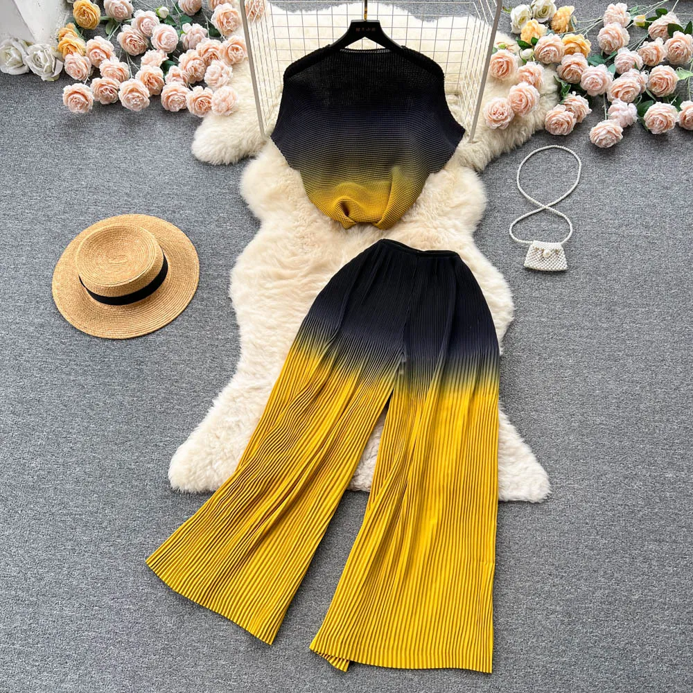 European and American style high-end fashion set, women's summer gradient color loose shirt top+pleated draped wide leg pants