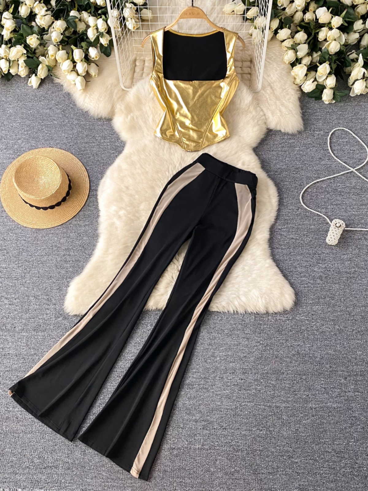 European and American style fashion suit for women, metallic sleeveless vest top for women+high waisted slimming micro flared wide leg pants