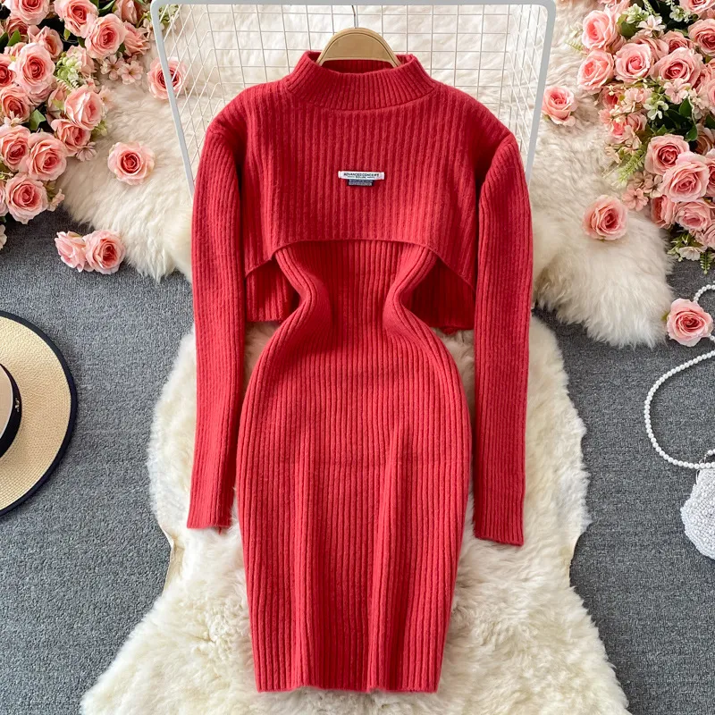 Autumn and Winter Korean Stand up Neck Short Sweater Top Slim Fit Elastic Tank Top Knitted Dress Two piece Set for Women 680g