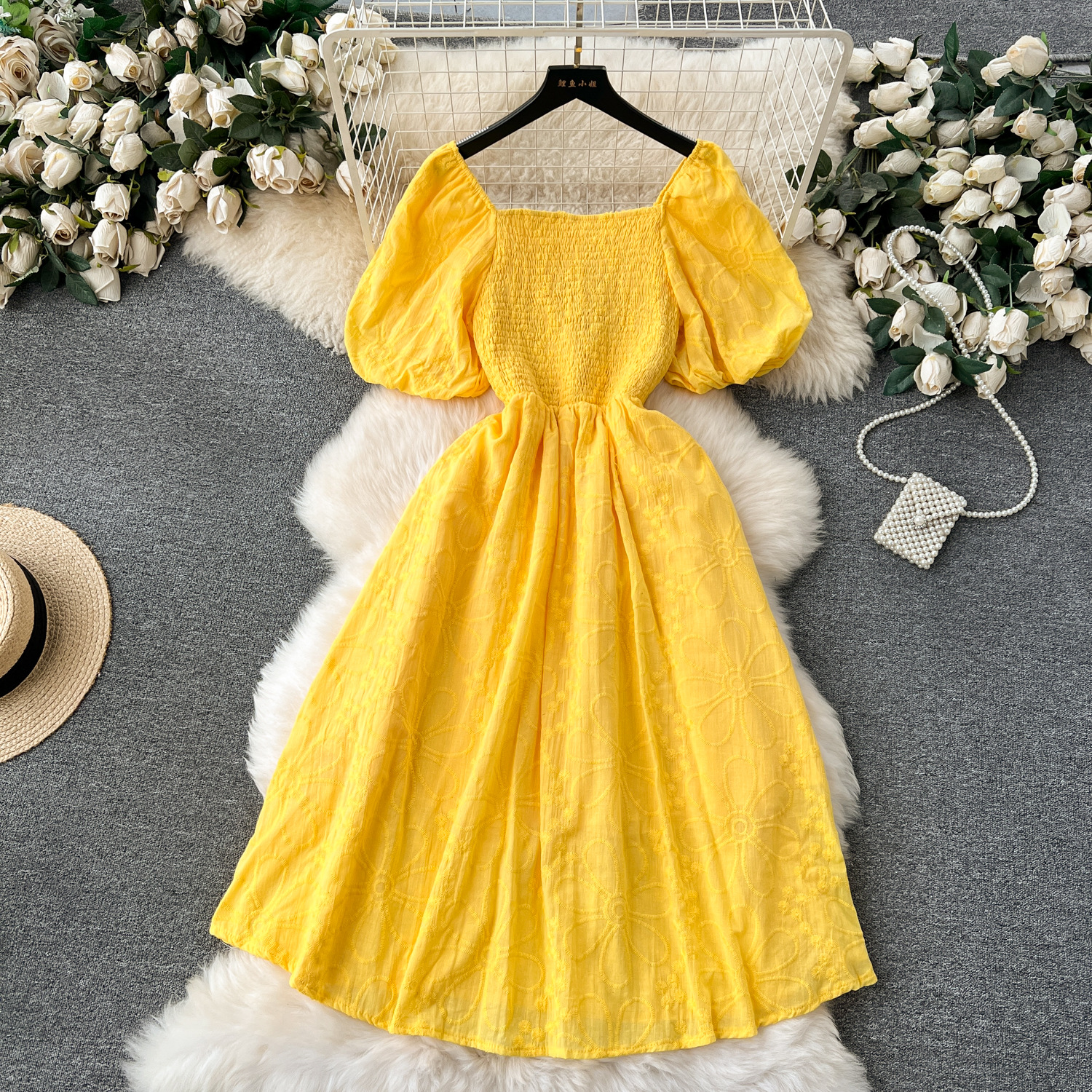 Bohemian Vacation Style Age Reducing Lantern Sleeves Elastic Slim Fit Mid length Heavy Industry Embroidery Style Dress Spring Dress