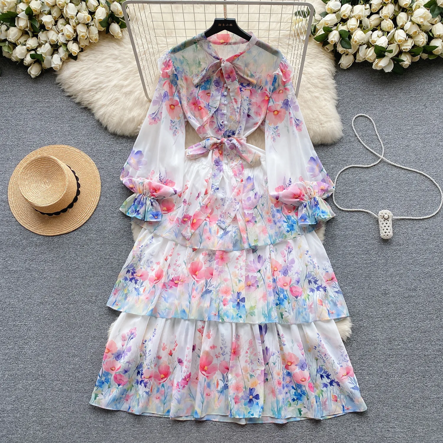 Spring Day Fairy Vacation Dress for Women 2024 New Sweet Bow Collar, Button Fit, Ruffle Edge Skirt