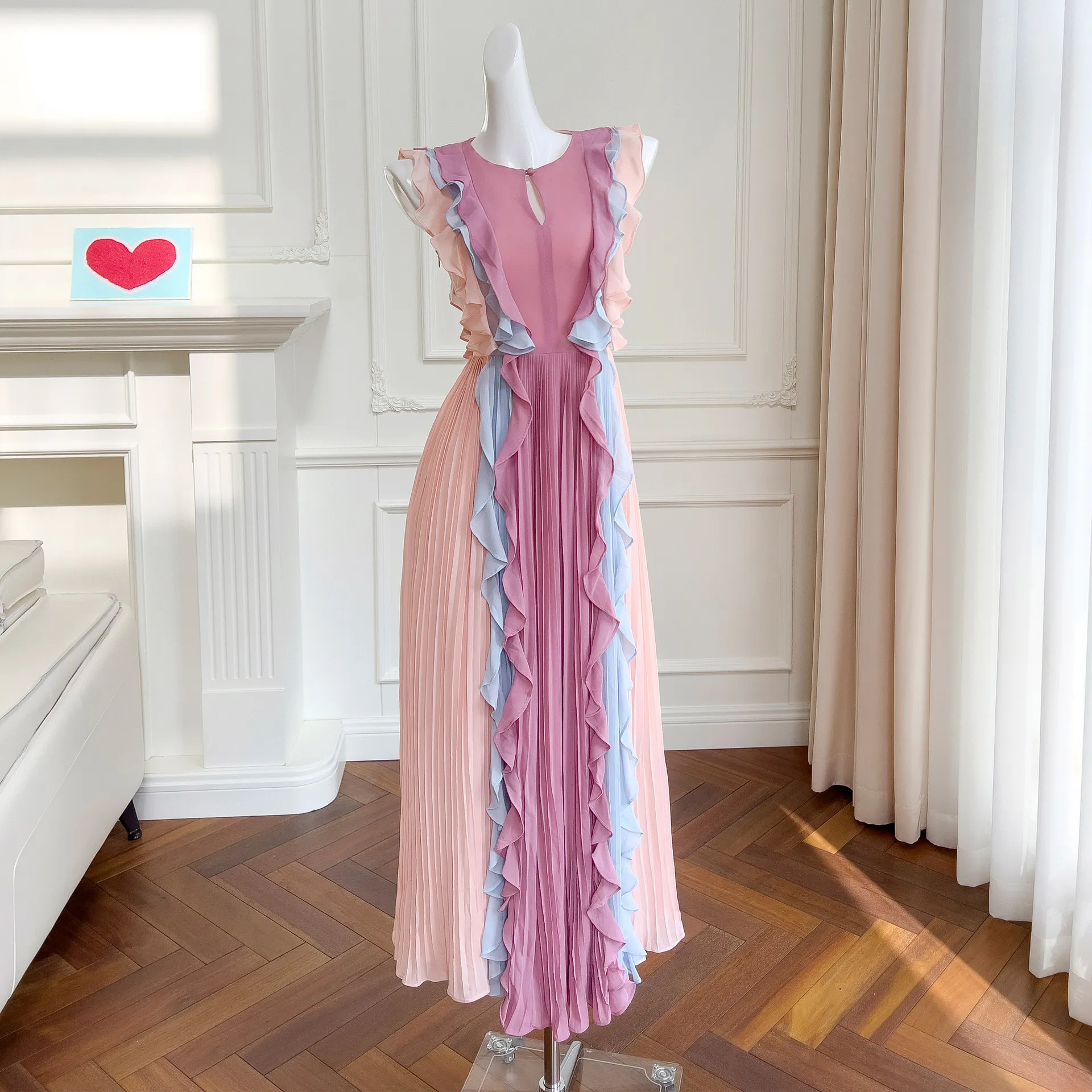 Summer New Product Contrast Princess Wind Wood Ear Rim Girl Pink Sleeveless Dress Women 63410