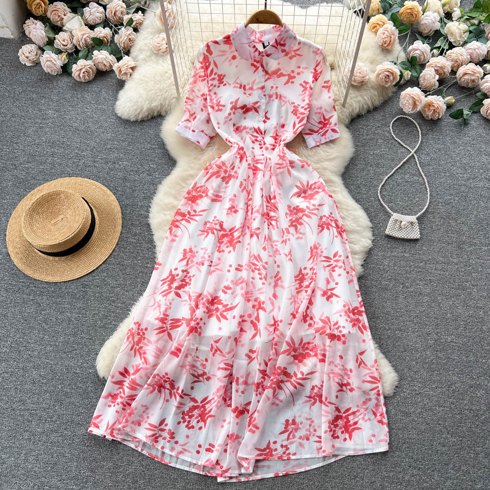 2024 Spring/Summer New Short sleeved Chiffon Dress with Fragmented Flowers for Women, Waist Tight and Fairy Style, First Love Long Dress Fashionable