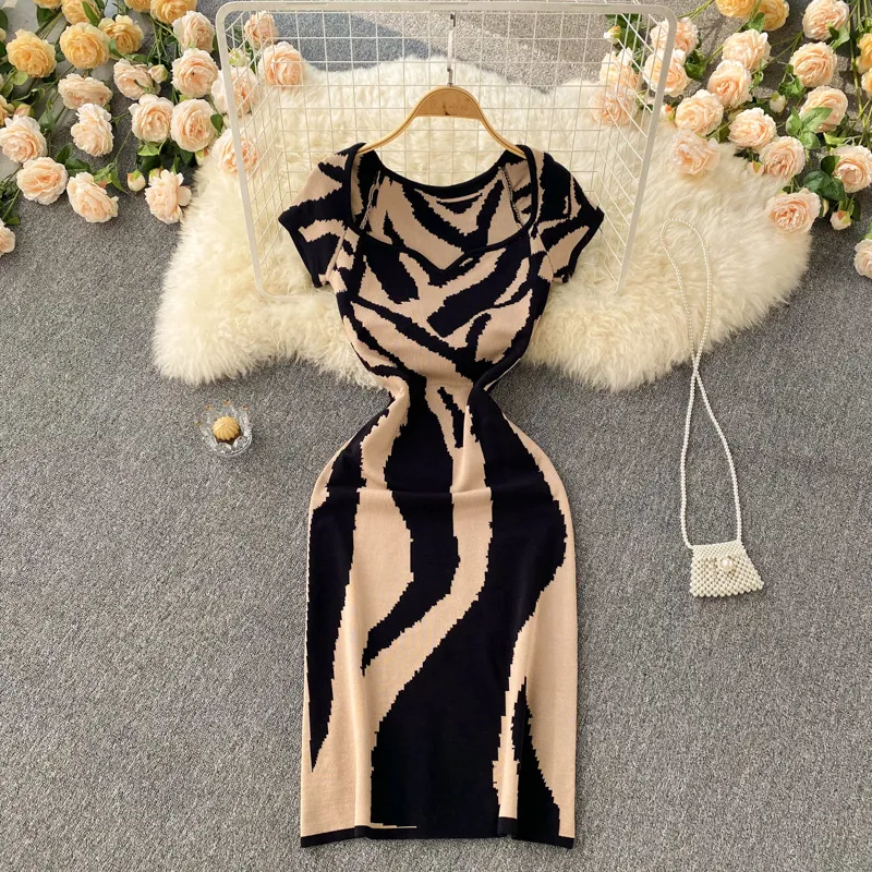 2022 New Imperial Sister Style Summer Dress Pure Desire Sexy Skirt Short sleeved Zebra Pattern Wrapped Hip Waist Sexy Dress for Women