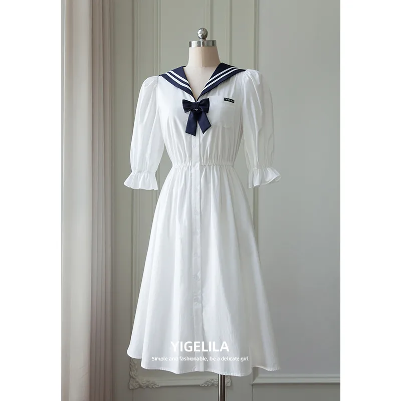 Yi Ge Li La Early Autumn New Navy Collar, High Waist, Slim and Elegant, Reduced Age Mid length Dress 66826