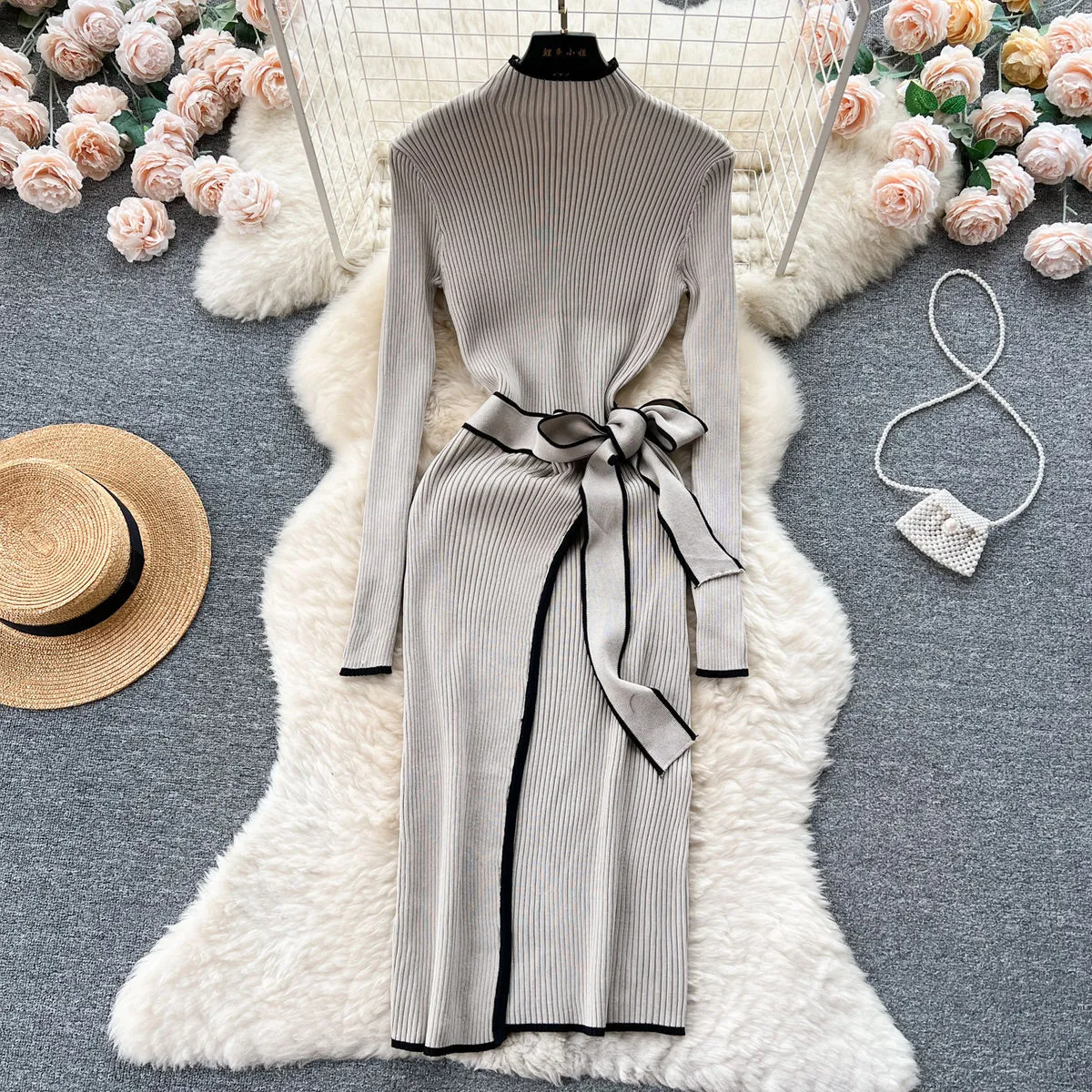 Autumn and Winter New French High end Retro Style Long sleeved Knitted Lace up Waist Slimming Tight Wrapped Hip Dress