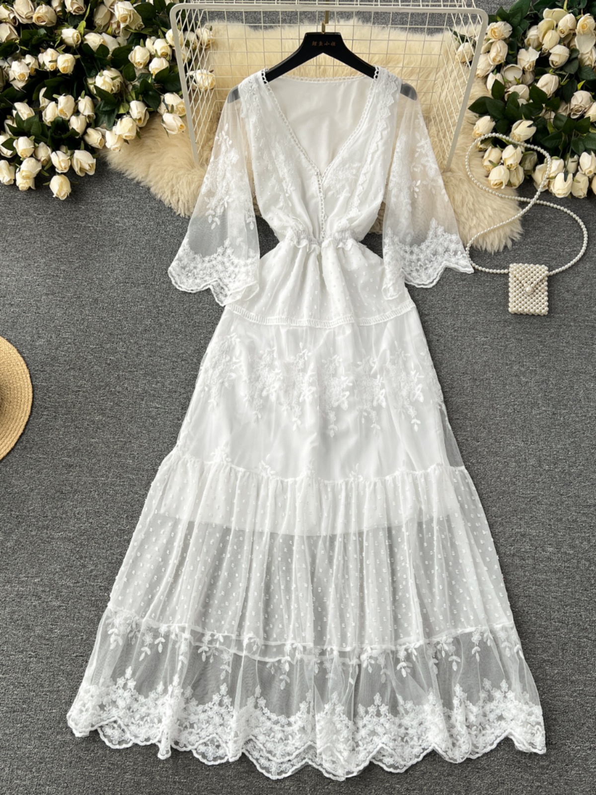 White dress, female niche, stunning light wedding dress, photo holiday dress, French high-end lace hook flower fairy dress