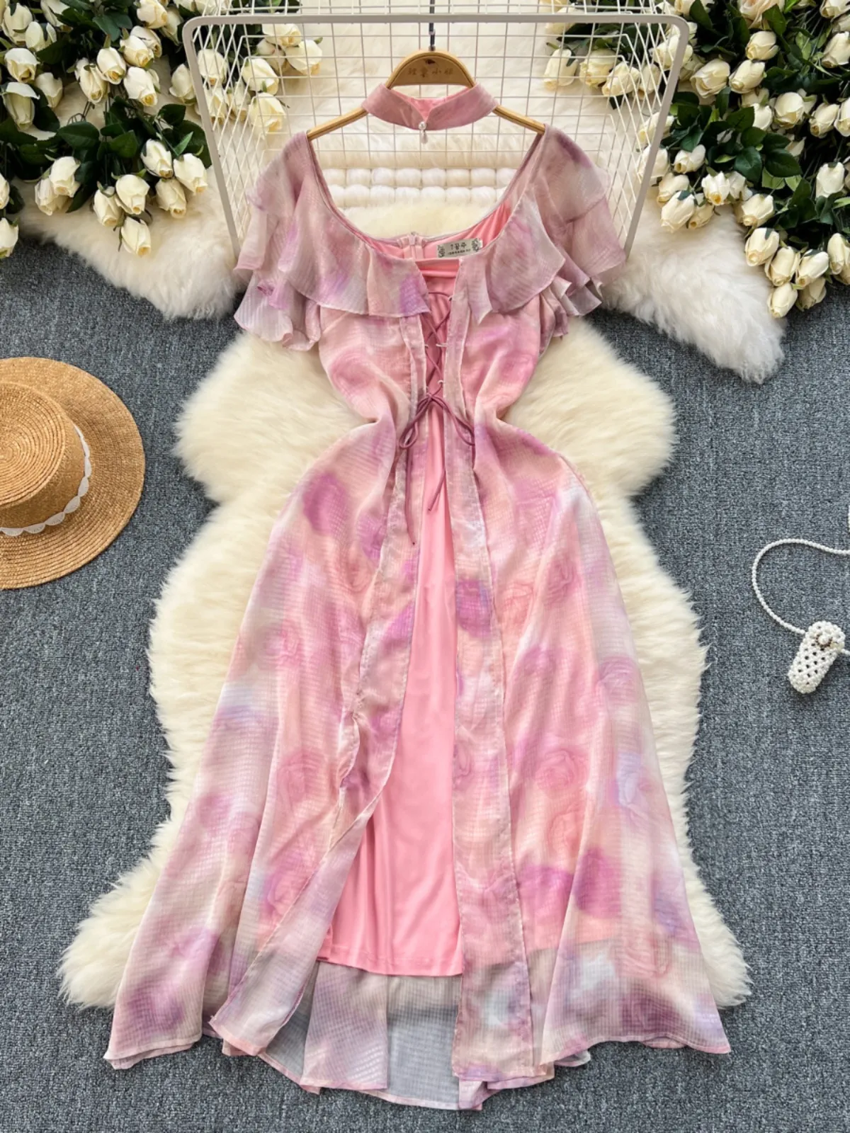 New Chinese Gentle Style Dress for Women 2024 New Summer Sweet Ruffle Edge Slim Fit Mid length Vacation Skirt