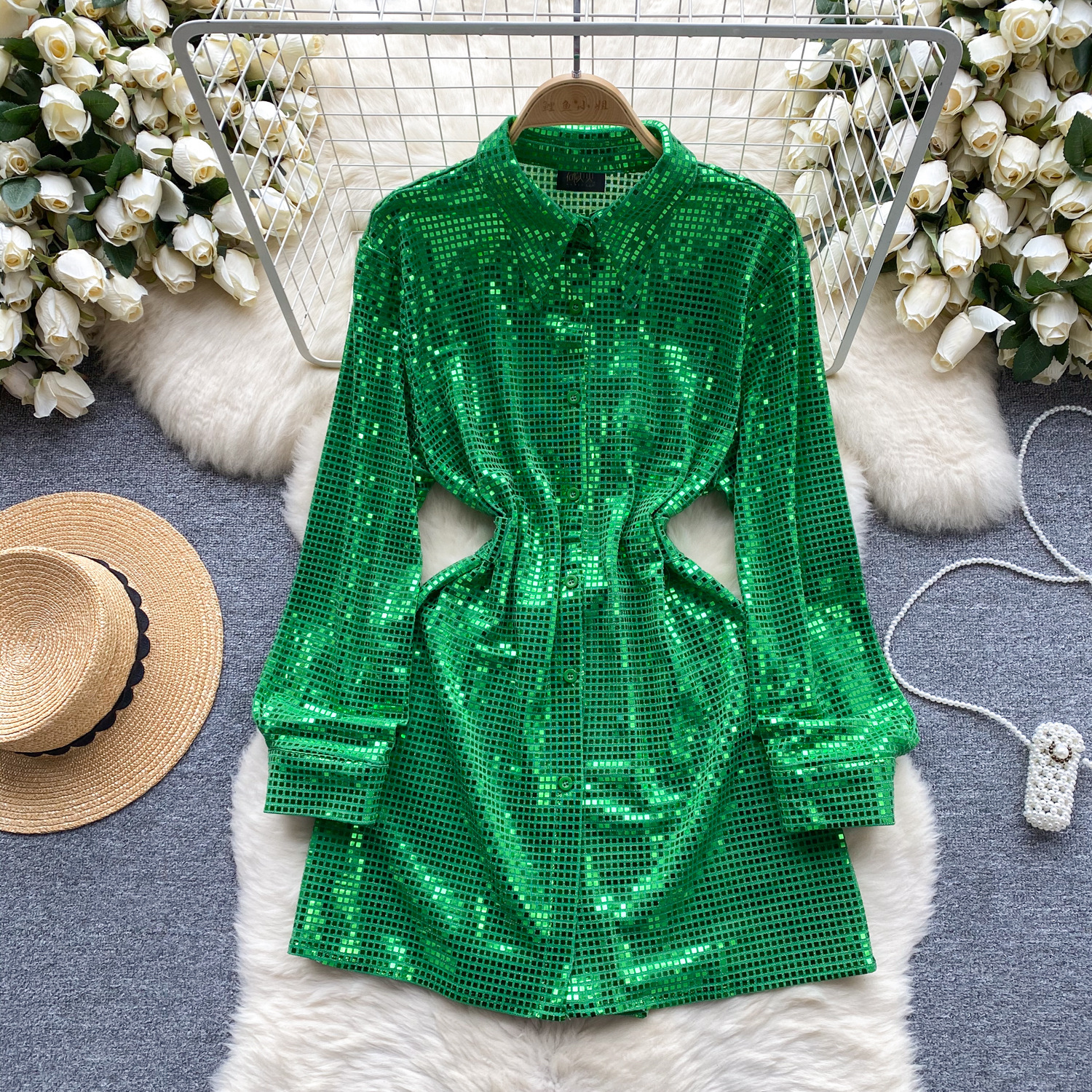 European and American 2024 early spring new high-end niche light luxury sequin shirt women's tie waist slimming mid length top