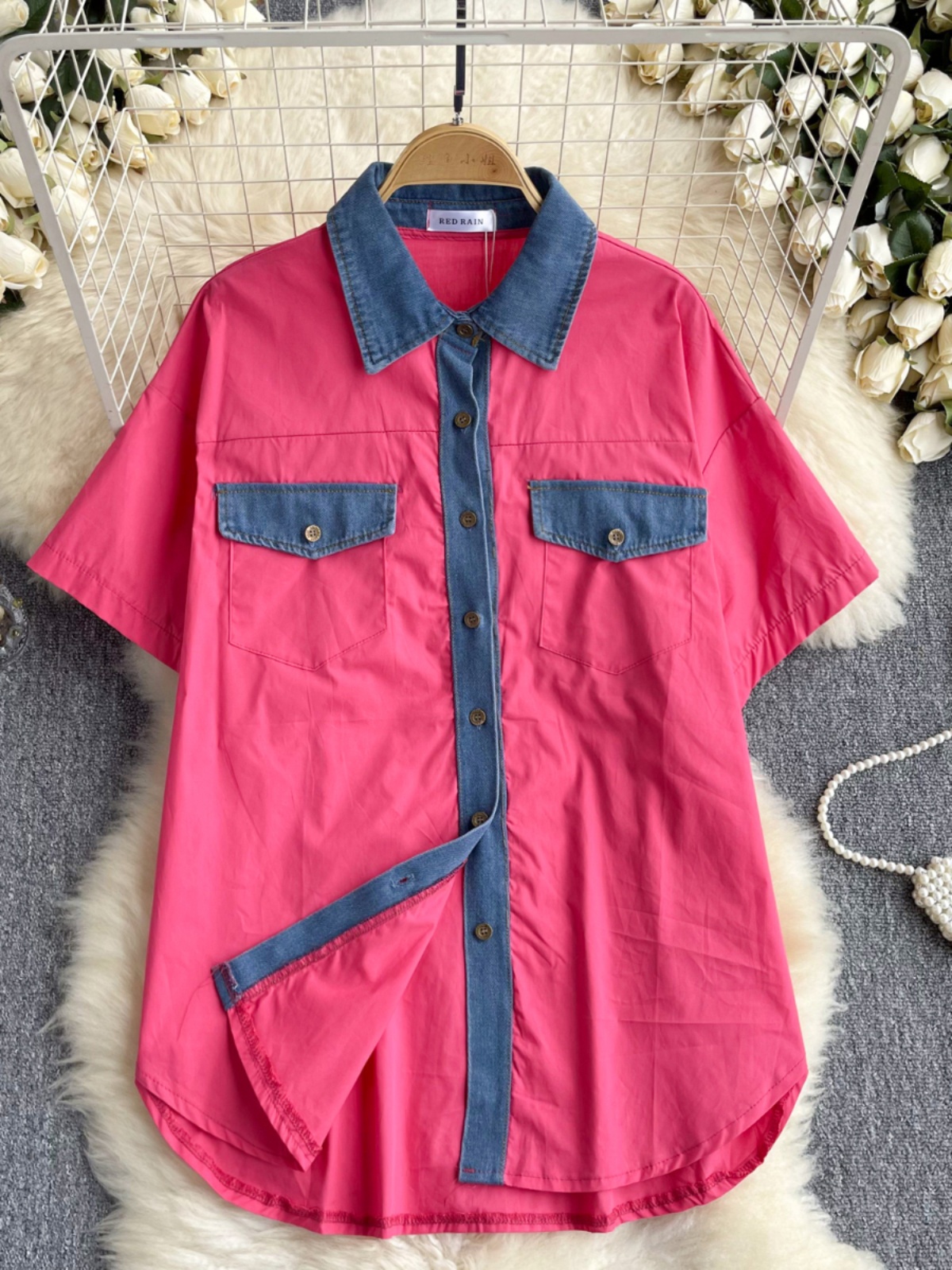 Fashionable and versatile loose fitting denim patchwork short sleeved shirt for women's 2024 summer new Korean casual cardigan top trend