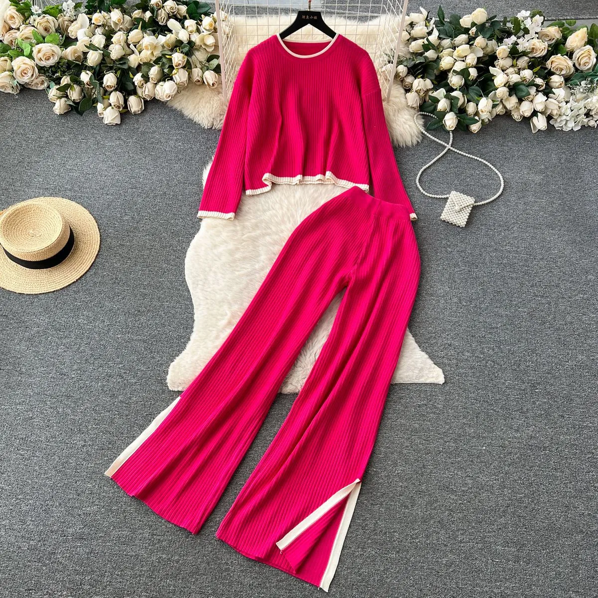 Hong Kong style retro fashion casual loose round neck long sleeved knitted shirt top two-piece set of women's high waisted contrasting color side long pants