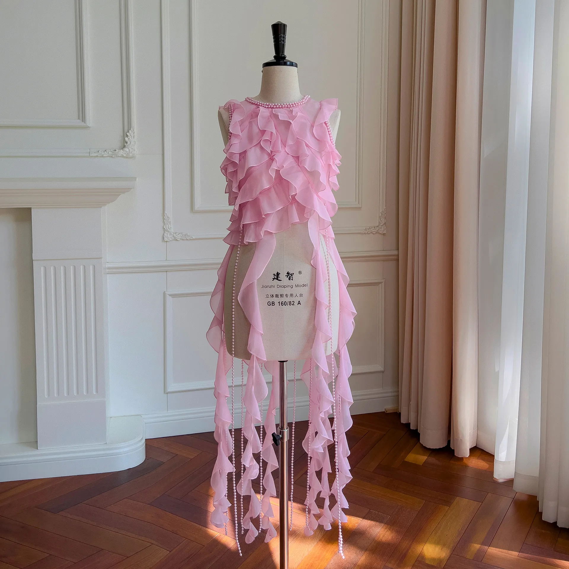 French Sweet and Fairy Pink Pearl Chiffon Shirt with Ruffle Edge Irregular Tassel Sleeveless Shirt Top 71328