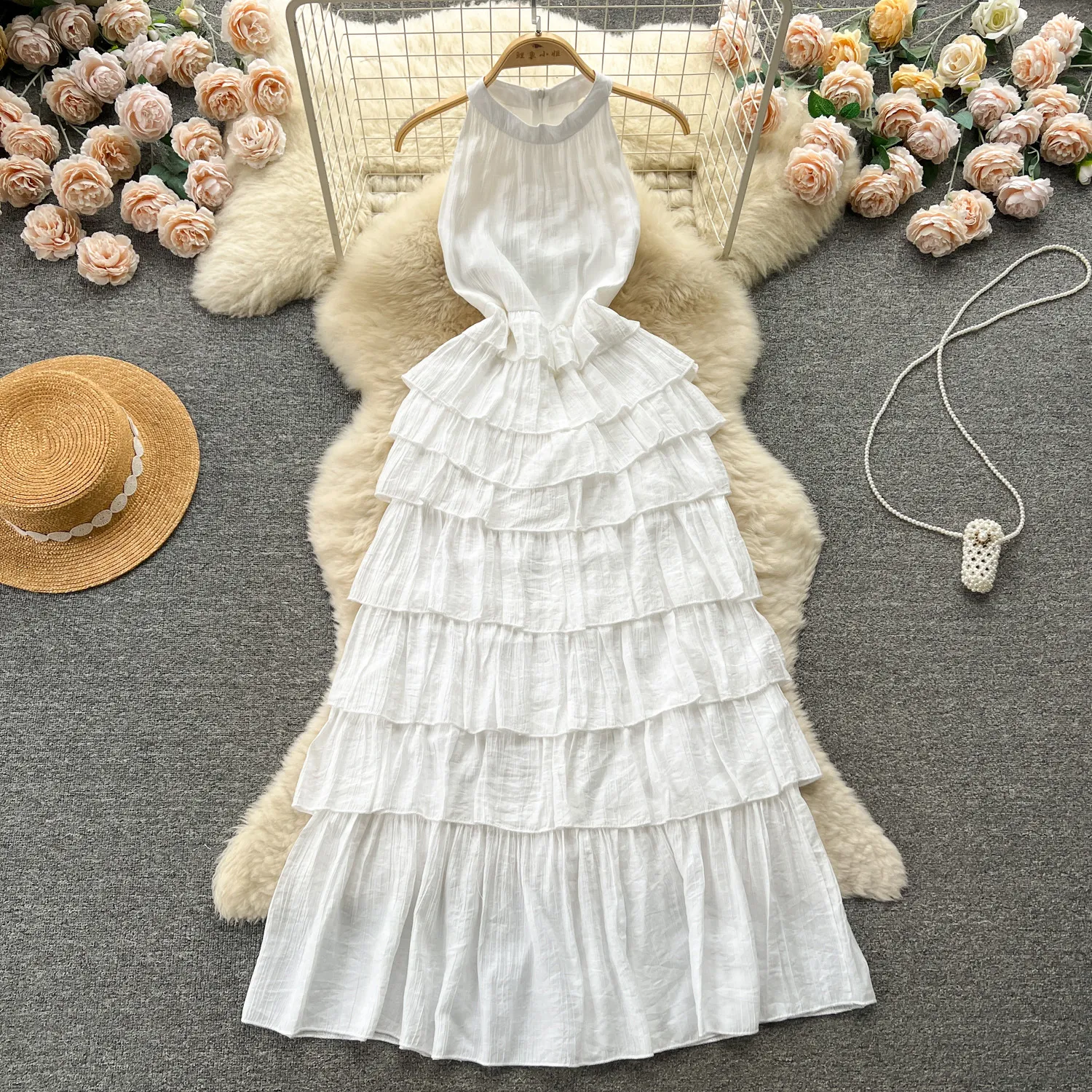 French gentle style neck hanging dress for women 2024 new niche ruffle edge long version cake skirt white holiday skirt