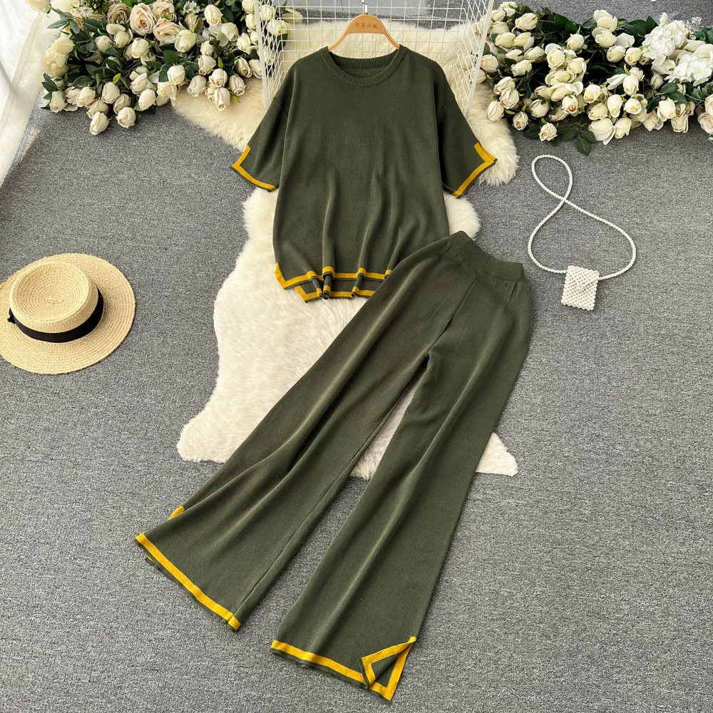 Color blocking casual fashion sports set for women's summer wear, new light mature style loose T-shirt+split wide leg pants two-piece set
