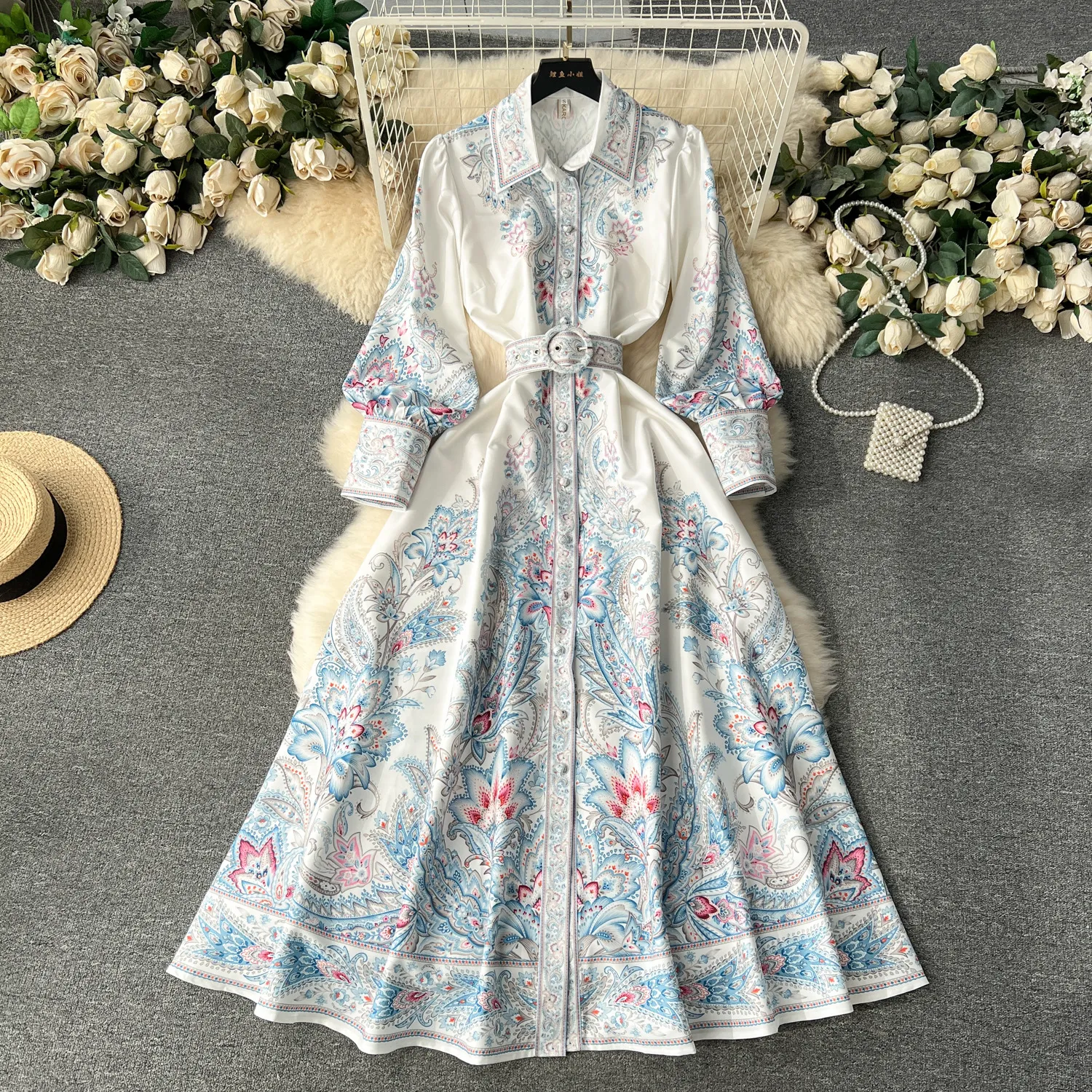 European style palace style dress, high-end niche retro print, slim fit, long and elegant dress, spring dress for women 2024 new