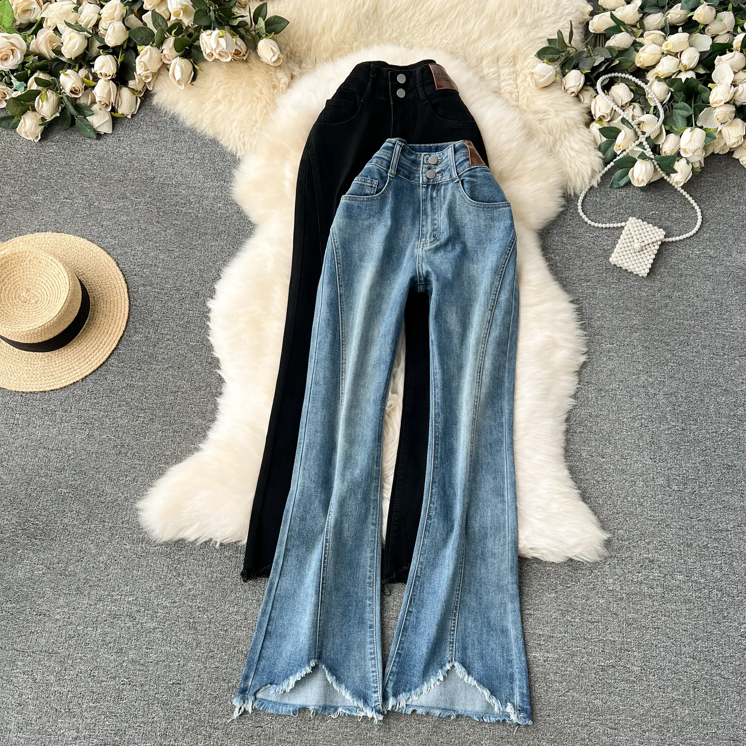Spring women's high waisted, slim and petite, Hong Kong style retro jeans, women's design sense, split edge flared pants