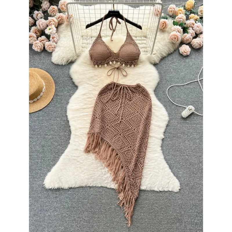 Instagram Holiday Style Set Women's Design Sense Bikini Hanging Neck Tank Top Versatile Tassel Half Skirt Knitted Two Piece Set