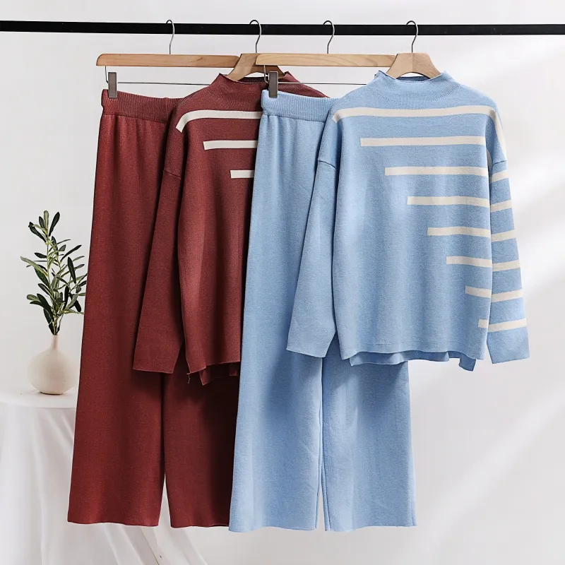 2023 Early Autumn New Fashion Set Korean Loose Striped Knitted Top Casual High Waist Drop Feeling Pants