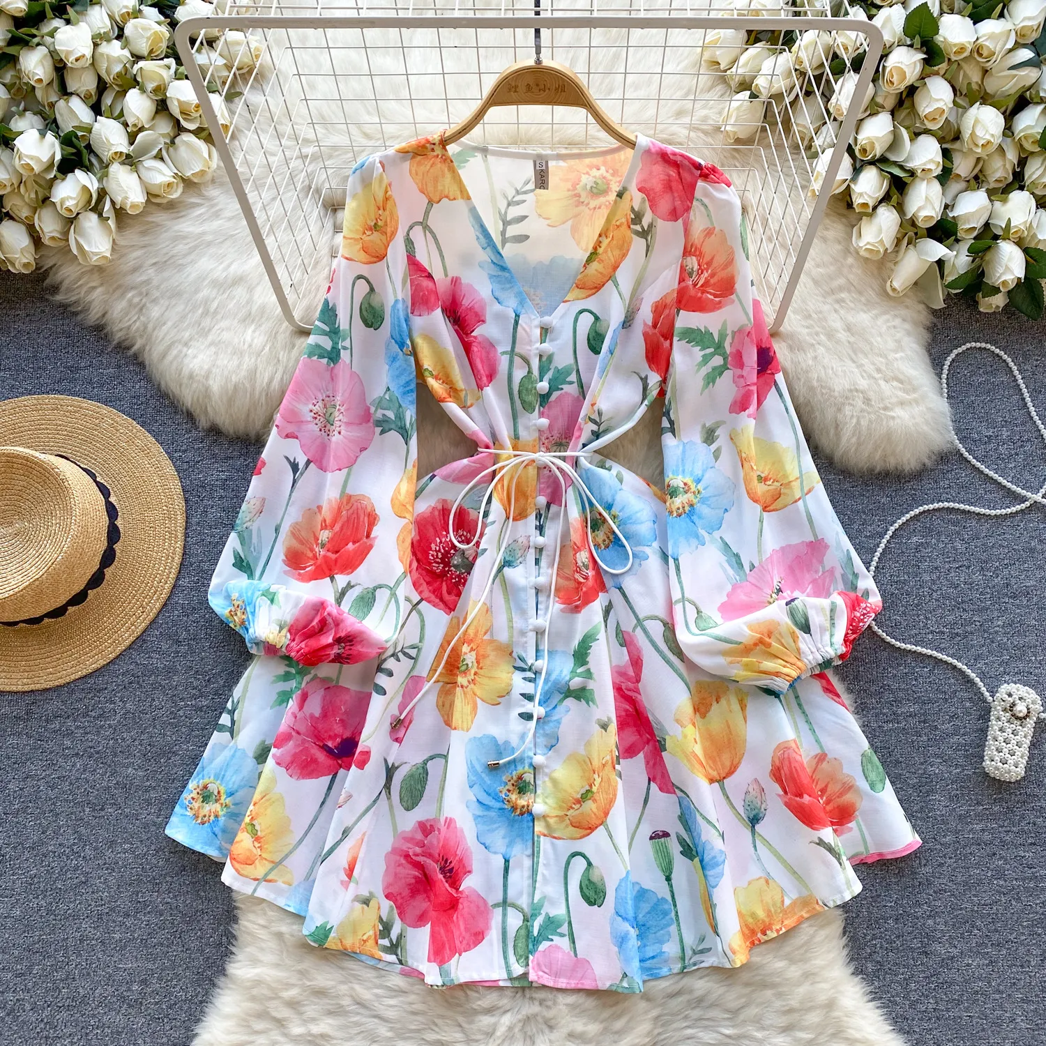 Fanhua Collection Vacation Style Elegant Dress Spring Dress Women's French Bubble Sleeves Slim Fit Short Elegant Small Dress