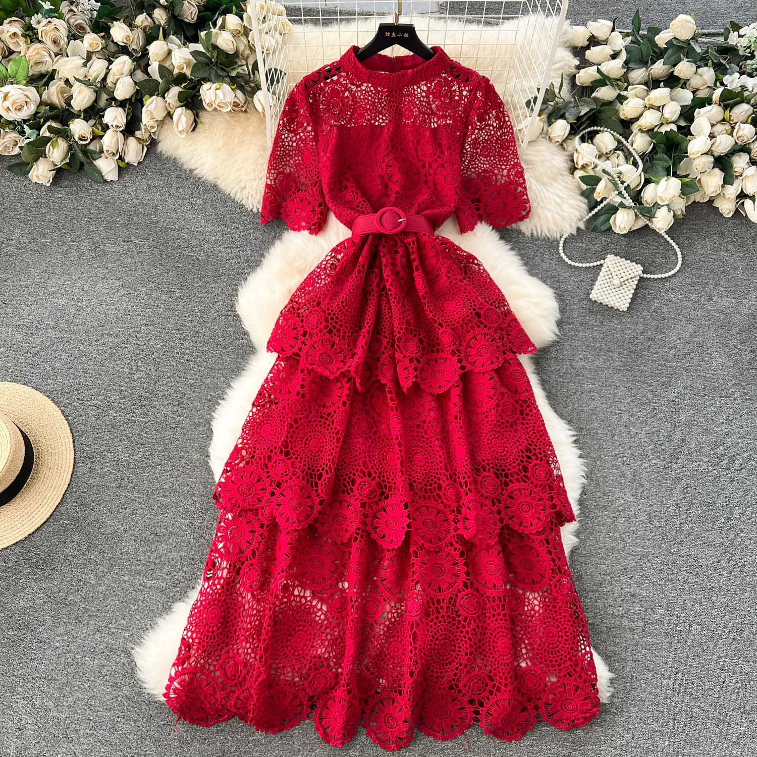 Light Luxury Heavy Industry Hollowed out Carved Lace Dress for Women's High Grade Multi layered Ruffle Edge Cake Dress, Celebrity Style Dress