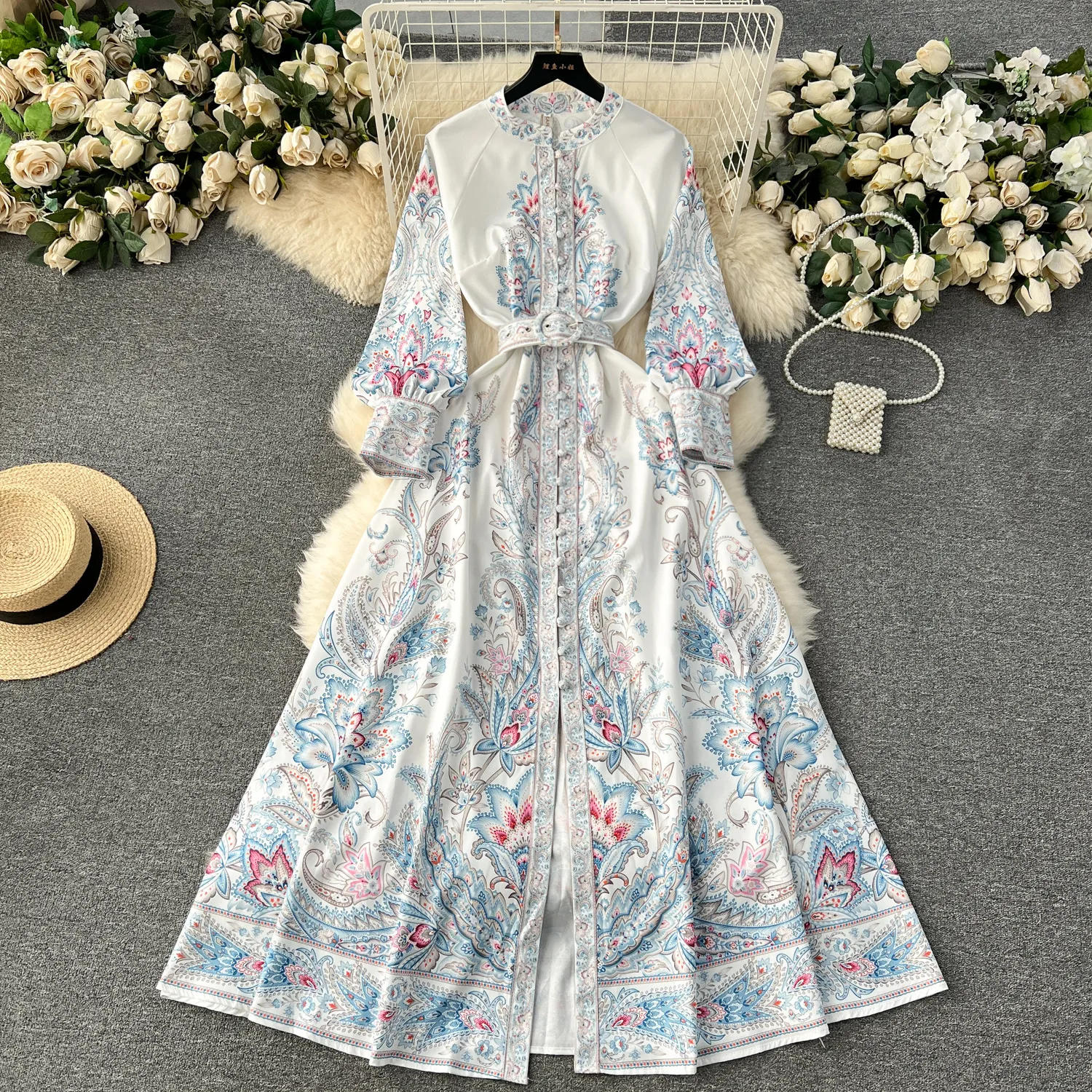 French style small stand up collar buckle slim fit long version retro court style printed dress long skirt western-style bubble sleeve dress