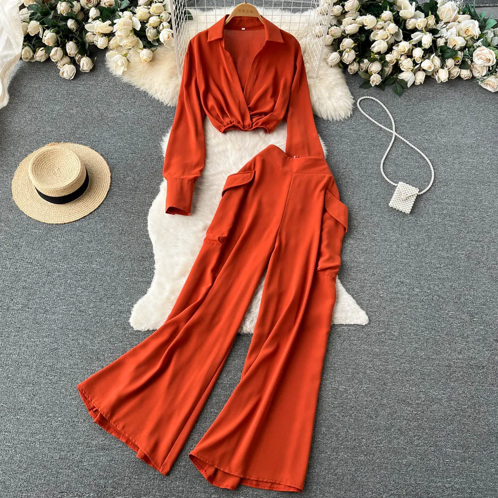 Spring and Autumn Small Fragrant Style Celebrity Set Women's Polo Neck Short Sexy Shirt+Hanging Wide Leg Long Pants Two Piece Set