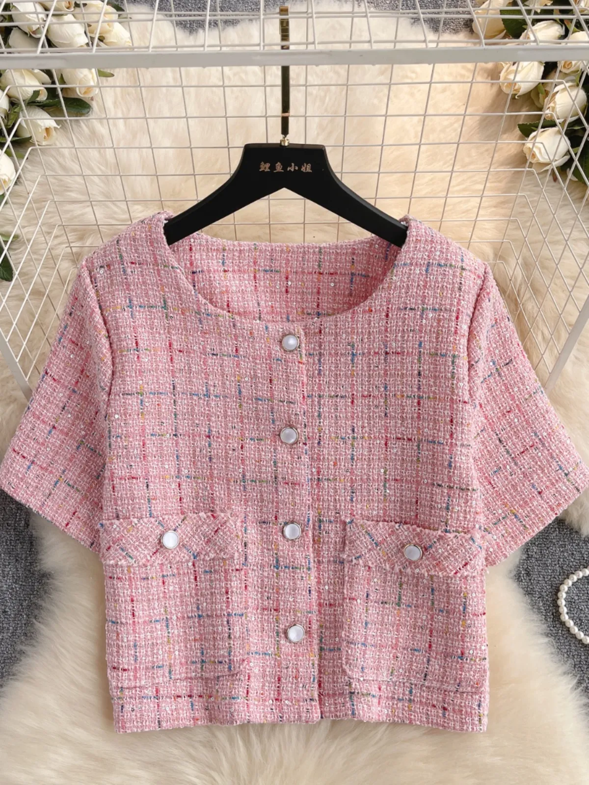 High end Small Fragrance Coat for Women's 2024 New Summer Light Luxury Thick Tweed Short sleeved Cardigan Fashion Versatile Top