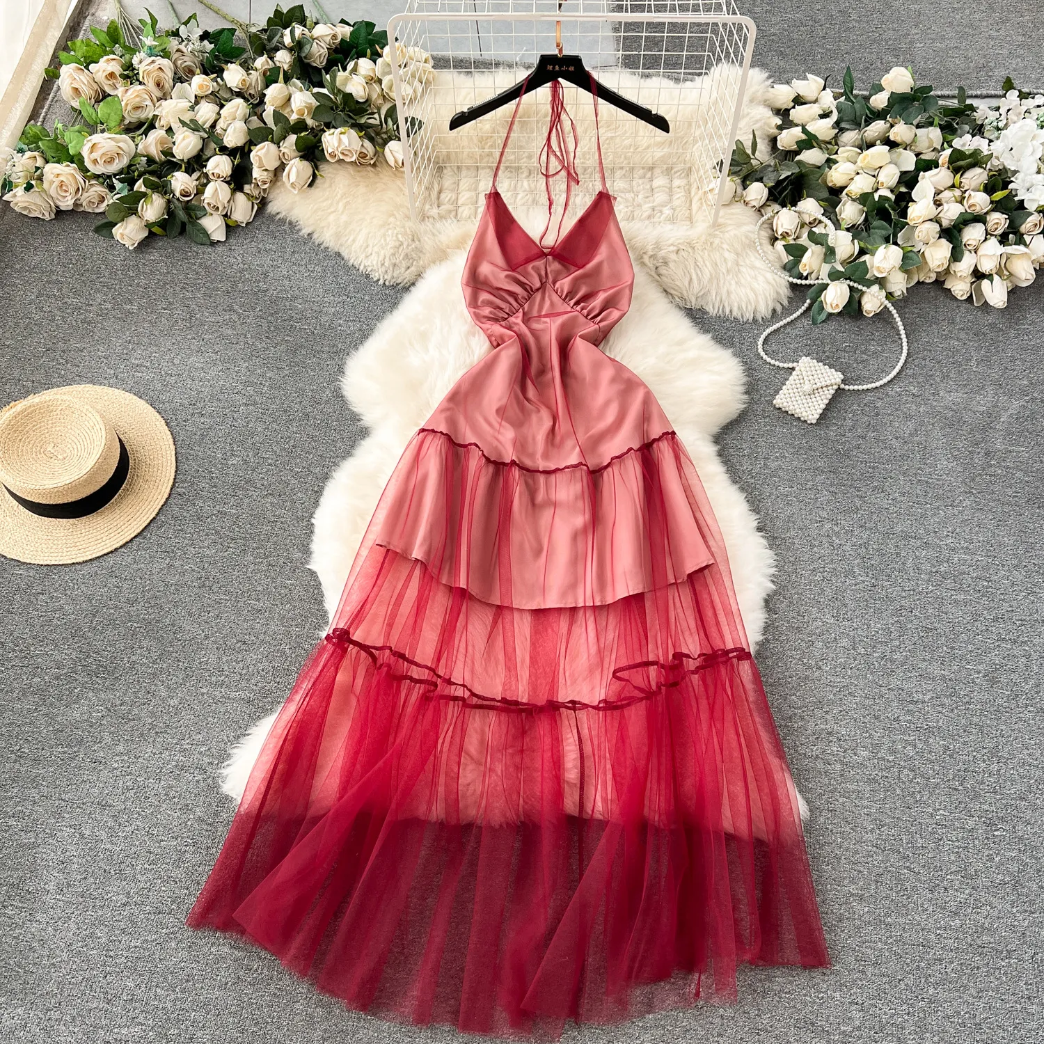 High end luxury and socialite style dress for women, with a design sense of strapping, backless, slim fit, and a long and elegant mesh hanging neck dress for women
