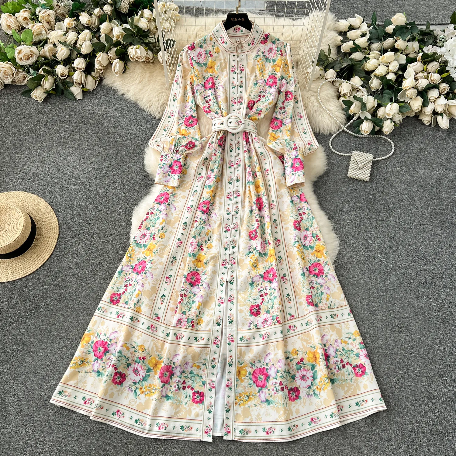 European style retro court style dress design with a printed and elegant stand up collar, slim fit, and a high-end and elegant dress